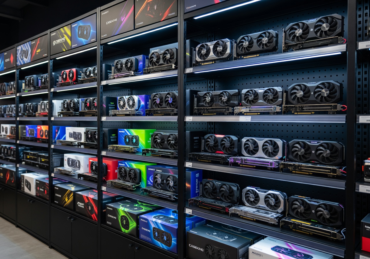 Caseking shelves with graphics cards